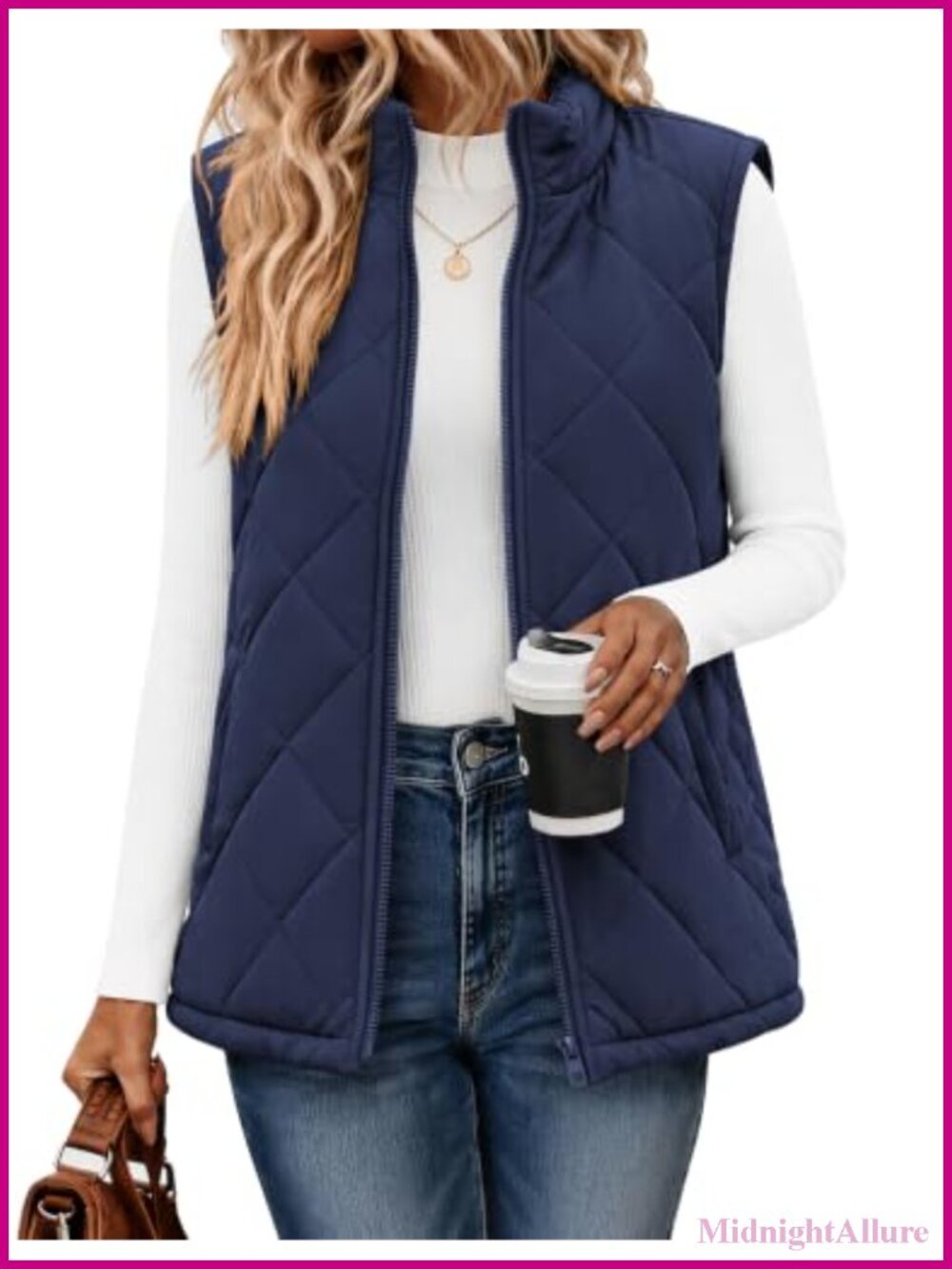Womens Quilted Puffer Vest Zip Up Sleeveless Stand Collar
